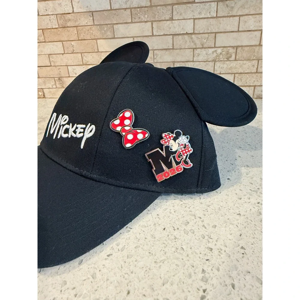 Disney Mickey Mouse Ear Cap Embroidered Text Bow & Year Pins OSFM Black